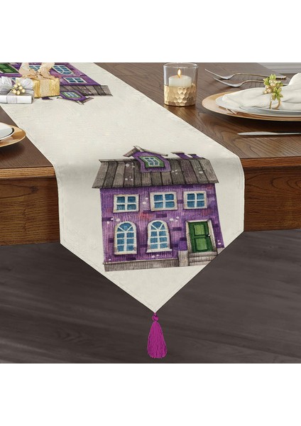 Real Homes Minyatür Mor Ev Çizimli Dijital Baskılı Modern Püsküllü Şönil Üçgen Runner
