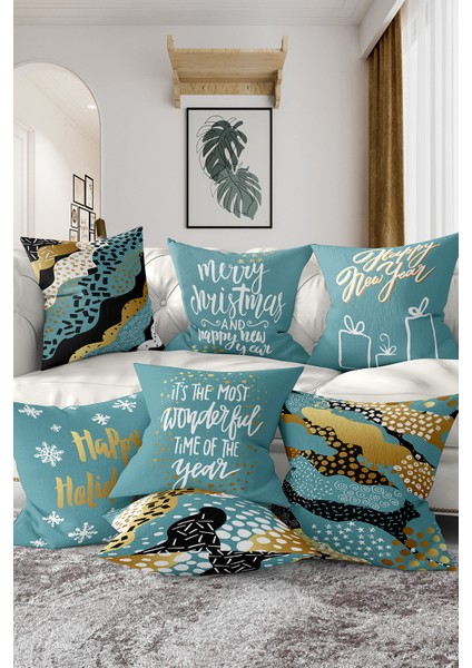 Real Homes 7'li Mavi Zeminli Gold Detay Mery Christmas Temalı Dijital Baskılı Kırlent Kılıfı Seti