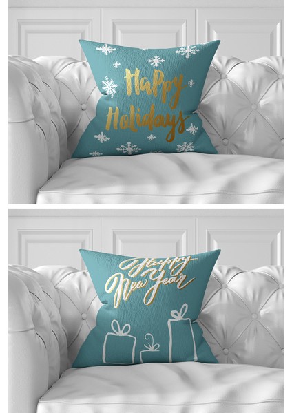 Real Homes 7'li Mavi Zeminli Gold Detay Mery Christmas Temalı Dijital Baskılı Kırlent Kılıfı Seti modelleri