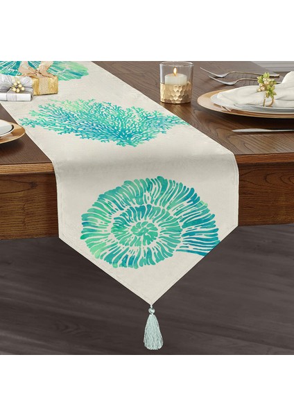 Real Homes Beyaz Zeminde Yeşil Renkli Su Yosunu Desenli Dijital Baskılı Özel Tasarım Püsküllü Şönil Üçgen Runner