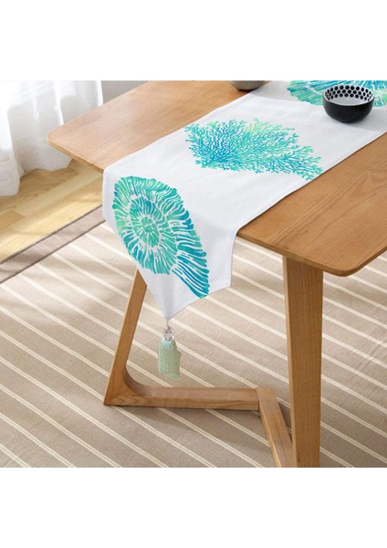 Real Homes Beyaz Zeminde Yeşil Renkli Su Yosunu Desenli Dijital Baskılı Özel Tasarım Püsküllü Şönil Üçgen Runner fiyatları