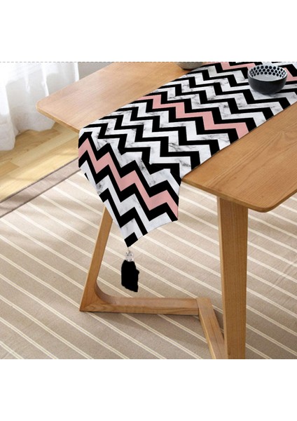 Real Homes Mermer Zeminli Renkli Geometrik Zigzag Desenli Dijital Baskılı Özel Tasarım Püsküllü Şönil Üçgen Runner fiyatları