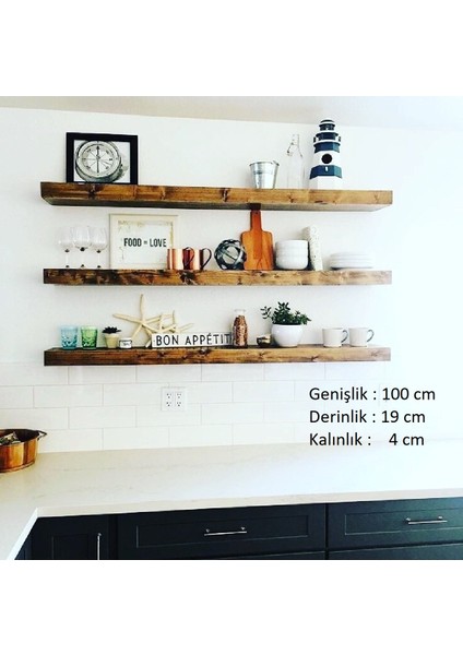 Karaköse Ahşap Çam Masif Ahşap 3"lü Kitaplık Dekoratif  Duvar Rafı Çiçeklik 100 cm x 14 cm x 4 cm  Kalınlık