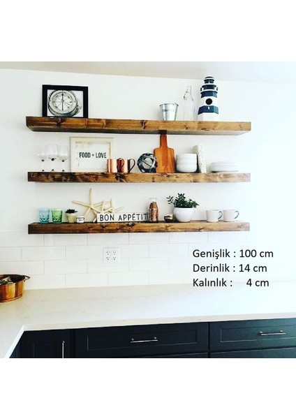 Çam Masif Ahşap 3"lü Kitaplık Dekoratif Duvar Rafı Çiçeklik 100 cm x 19 cm x 4 cm Kalınlık