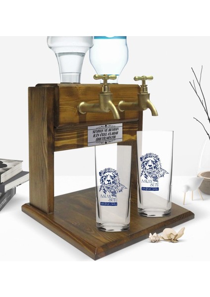 Kişiye Özel Renkli Baskılı Aslan Sütü Tasarımlı Ikili Rakı Bardağı ve Çift Musluklu Doğal Ahşap Rakı Standı-1 fiyatları