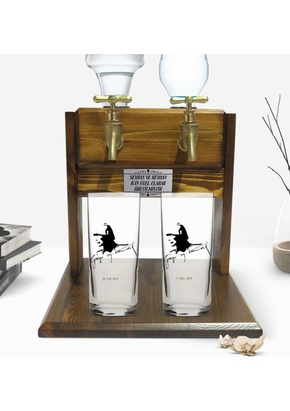 Kişiye Özel Renkli Baskılı Atatürk Tasarımlı Ikili Rakı Bardağı ve Çift Musluklu Doğal Ahşap Rakı Standı-27
