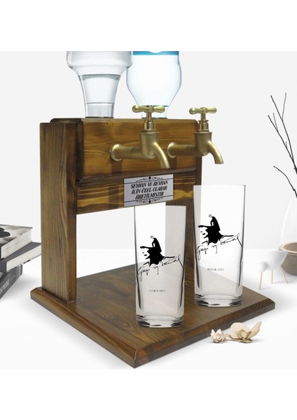 Kişiye Özel Renkli Baskılı Atatürk Tasarımlı Ikili Rakı Bardağı ve Çift Musluklu Doğal Ahşap Rakı Standı-27 fiyatları