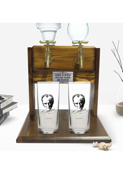 Kişiye Özel Renkli Baskılı Atatürk Tasarımlı Ikili Rakı Bardağı ve Çift Musluklu Doğal Ahşap Rakı Standı-18