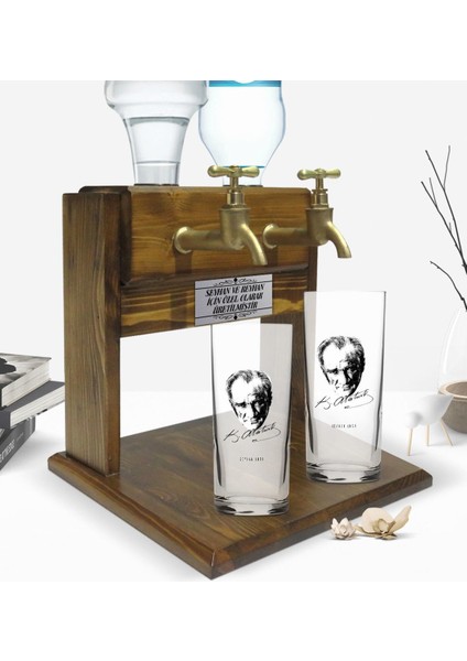 Kişiye Özel Renkli Baskılı Atatürk Tasarımlı Ikili Rakı Bardağı ve Çift Musluklu Doğal Ahşap Rakı Standı-18