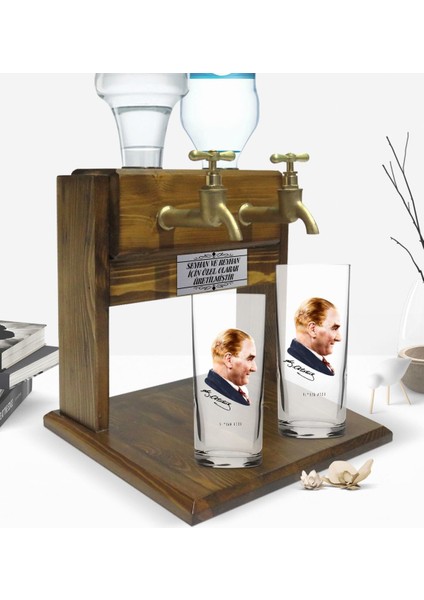 Kişiye Özel Renkli Baskılı Atatürk Tasarımlı Ikili Rakı Bardağı ve Çift Musluklu Doğal Ahşap Rakı Standı-11 fiyatları