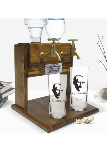 Kişiye Özel Renkli Baskılı Atatürk Tasarımlı Ikili Rakı Bardağı ve Çift Musluklu Doğal Ahşap Rakı Standı-23 fiyatları