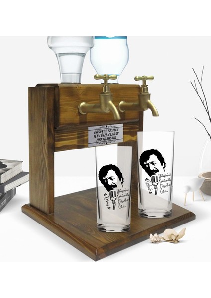 Kişiye Özel Renkli Baskılı Çılgınlar Gibi Tasarımlı Ikili Rakı Bardağı ve Çift Musluklu Doğal Ahşap Rakı Standı-1 fiyatları