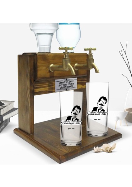 Kişiye Özel Renkli Baskılı Hangimiz Sevmedik Çılgınlar Gibi Silüet Tasarımlı Ikili Rakı Bardağı ve Çift Musluklu Doğal Ahşap Rakı Standı-1