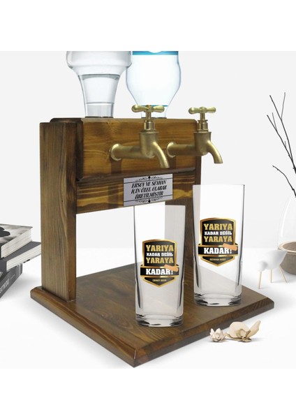 Kişiye Özel Renkli Baskılı Yarıya Kadar Değil Yaraya Kadar Tasarımlı Ikili Rakı Bardağı ve Çift Musluklu Doğal Ahşap Rakı Standı-5 fiyatları
