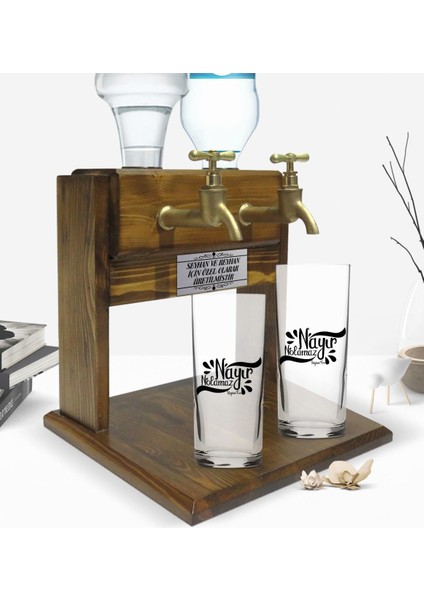 Kişiye Özel Renkli Baskılı Yeşilçam Replikleri Nayır Nolamaz Tasarımlı Ikili Rakı Bardağı ve Çift Musluklu Doğal Ahşap Rakı Standı-1 fiyatları