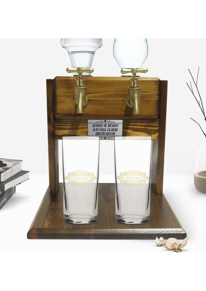 Kişiye Özel Renkli Baskılı Isimli Ikili Rakı Bardağı ve Çift Musluklu Doğal Ahşap Rakı Standı-17