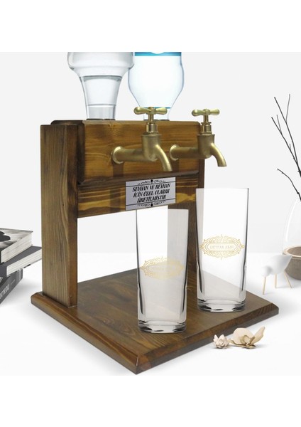 Kişiye Özel Renkli Baskılı Isimli Ikili Rakı Bardağı ve Çift Musluklu Doğal Ahşap Rakı Standı-17 fiyatları