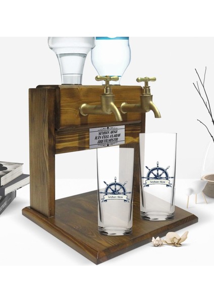Kişiye Özel Renkli Baskılı Dümen Figürlü Ikili Rakı Bardağı ve Çift Musluklu Doğal Ahşap Rakı Standı-1 fiyatları