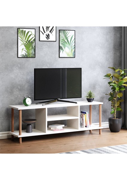 Tv Sehpası Raflı Tv Ünitesi Televizyon Sehpası Ahşap Ayaklı Beyaz