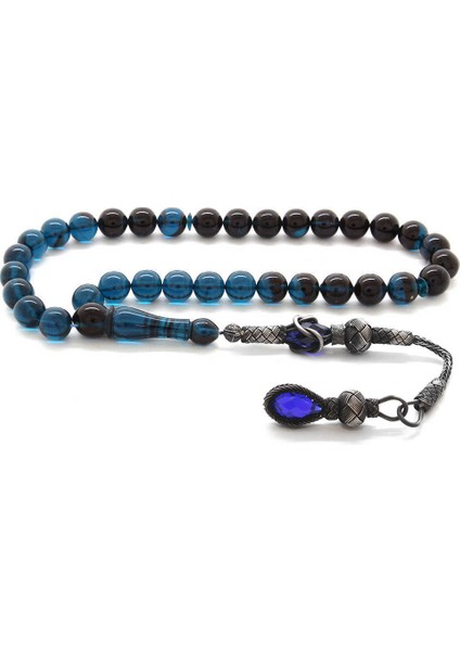 1000 Ayar Gümüş Kazaz Püsküllü Küre Kesim Süzme Mavi Sıkma Kehribar Tesbih