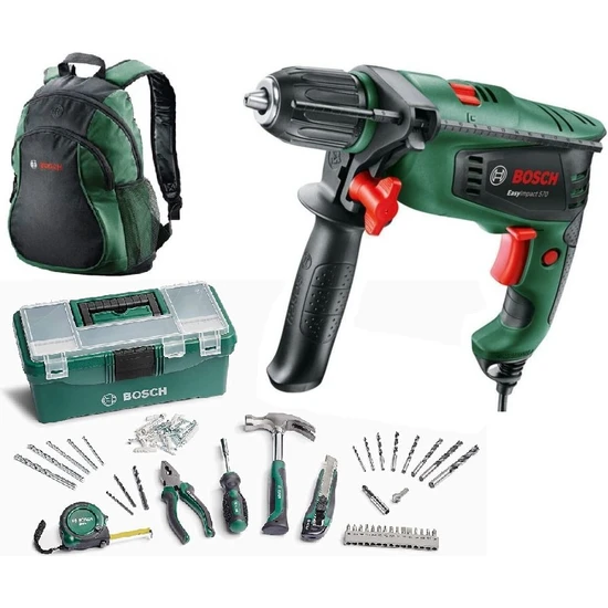 Bosch Easyimpact 570 Darbeli Matkap + 73 Parça Takım Çantası Pense Çekiç Tornavida Matkap Ucu