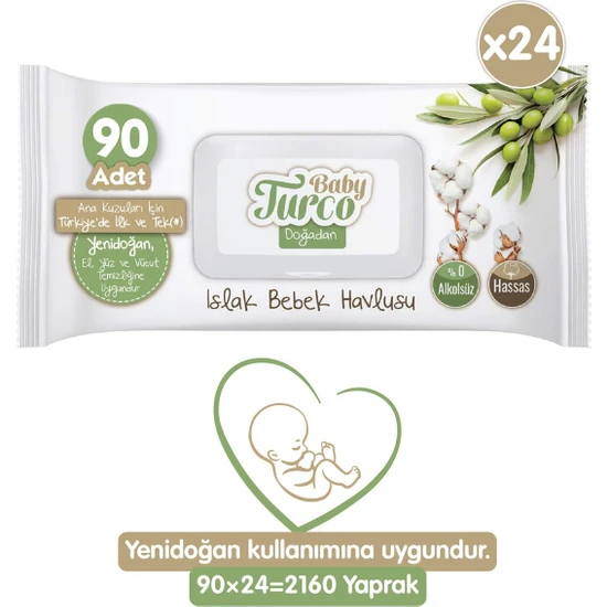 Baby Turco Doğadan Yenidoğan Islak Bebek Havlusu 24X90 Yaprak