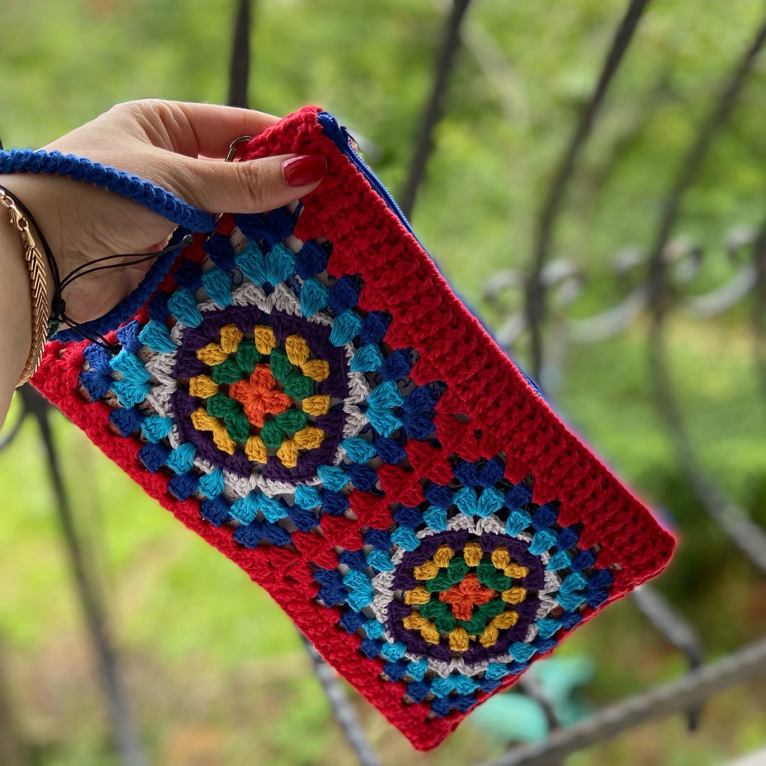 Pafuli El Örgüsü Kroşe Kırmızı Clutch Çanta görsel 4