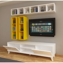 Dekormer Design Tv Ünitesi Dolaplı Sarı Beyaz 180 cm ve Kitaplıklı