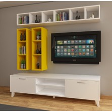 Dekormer Design Tv Ünitesi Dolaplı Sarı Beyaz 180 cm ve Kitaplıklı