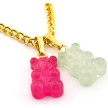 Solfera Jelibon Mat Ayıcık Fuşya Yeşil Pirinç Zincir Kadın Kolye Q0402