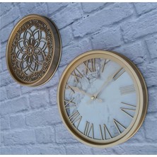 Markakanvas Altın(Gold) Renk Metal Kasalı Mermer Desenli  Duvar Saati  ve Tablo