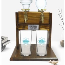 BK Kişiye Özel Renkli Baskılı Aksaray Tasarımlı Turistik Ikili Rakı Bardağı ve Çift Musluklu Doğal Ahşap Rakı Standı-1