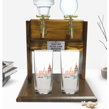 BK Kişiye Özel Renkli Baskılı London Tasarımlı Ikili Rakı Bardağı ve Çift Musluklu Doğal Ahşap Rakı Standı-2