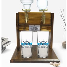 BK Kişiye Özel Renkli Baskılı Kaptan Tasarımlı Ikili Rakı Bardağı ve Çift Musluklu Doğal Ahşap Rakı Standı-9