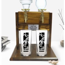 BK Kişiye Özel Renkli Baskılı Isimli Ikili Rakı Bardağı ve Çift Musluklu Doğal Ahşap Rakı STANDI-121