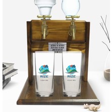 BK Kişiye Özel Renkli Baskılı Rize Tasarımlı Turistik Ikili Rakı Bardağı ve Çift Musluklu Doğal Ahşap Rakı Standı-1