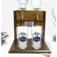 BK Kişiye Özel Renkli Baskılı Denizci Tasarımlı Ikili Rakı Bardağı ve Çift Musluklu Doğal Ahşap Rakı Standı-1