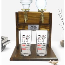 BK Kişiye Özel Renkli Baskılı Gel Beraber Rakı Içelim Tasarımlı Ikili Rakı Bardağı ve Çift Musluklu Doğal Ahşap Rakı Standı-1