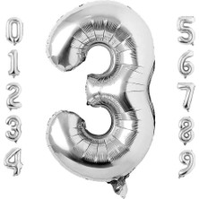 Patladı Gitti 3 Üç Rakam Gümüş Folyo Balon 34" Inc 76 cm