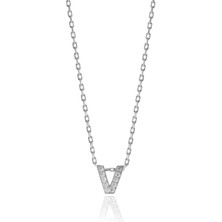 Söğütlü Silver Gümüş  Rodyumlu Üç Boyutlu Minimal V Gümüş Harf Kolye