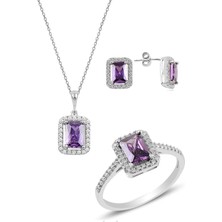 Söğütlü Silver Gümüş Rodyumlu Ametist   Baget Taşlı Üçlü Set