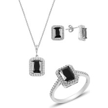 Söğütlü Silver Gümüş Rodyumlu Onix  Baget Taşlı Üçlü Set