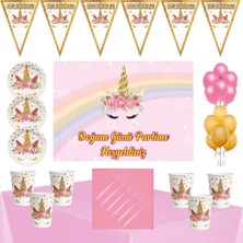 Parti Furyası Unicorn Çiçekli  Tema 8 Kişilik 70x100 cm Afişli  Parti Seti