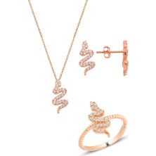 Söğütlü Silver Gümüş Rose Yılan Kolye Küpe ve Yüzük Seti