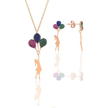 Söğütlü Silver Gümüş Rose Balonlu Kız Kolye ve Küpe Gümüş Set