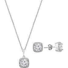 Söğütlü Silver Gümüş Zirkon Taşlı Kare Pırlanta Montürlü Gümüş İkili Set
