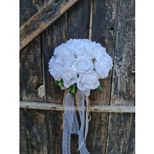 Çiçek Gelin Buketi Beyaz Gül Damat Yaka Çiçeği