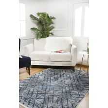 Usso Modern Antrasit Zemin Mavi Çizgili Yıkanabilir Halı HLN1419