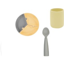 OiOi Vakum Tabanlı Puzzle Tabak Silikon Bardak Nam Nam Kaşık Sarı-Gri