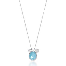 Coşar Silver Zirkon Taşlı Pırlanta Montür Gümüş Rengi Kaplama Ortası Turkuaz Taşlı Desenli Oval Gümüş Kolye